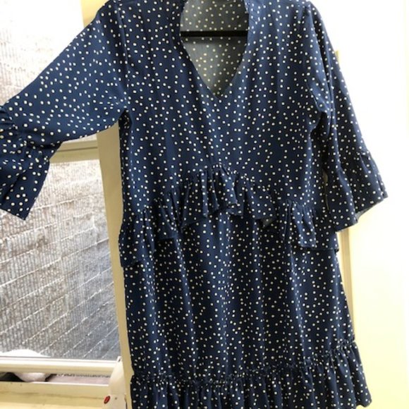 Women's V Neck Ruffle Polka Dot Swing Dress - Picture 3 of 5